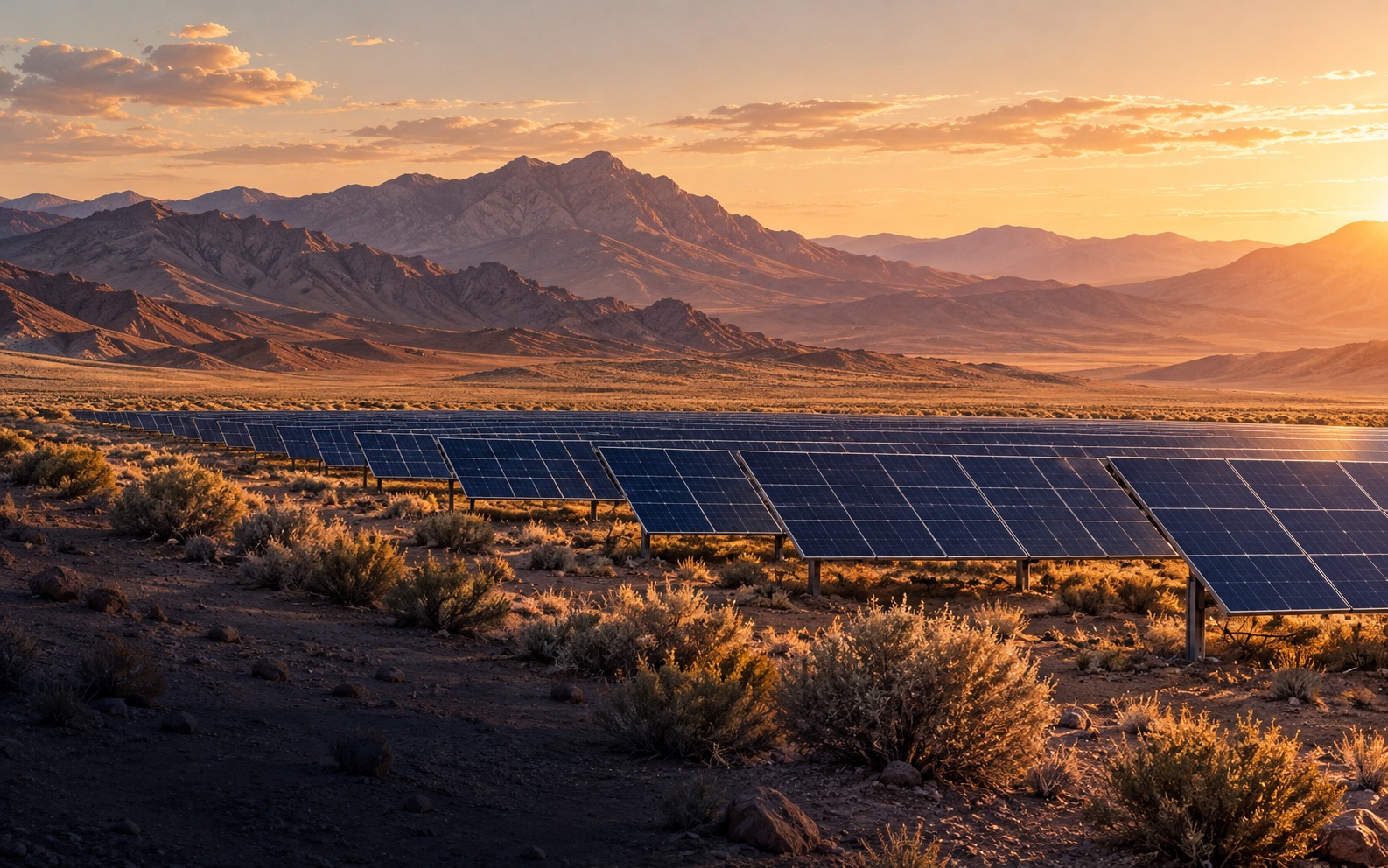 Illustrative rendering of fixed-tilt solar panels in a Nevada desert landscape; not a photograph of the Tonopah project
